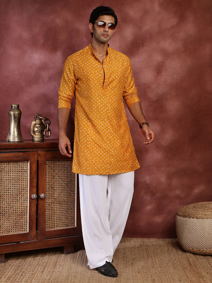 Mustard Printed Cotton Silk Straight Kurta for Men - Image 8
