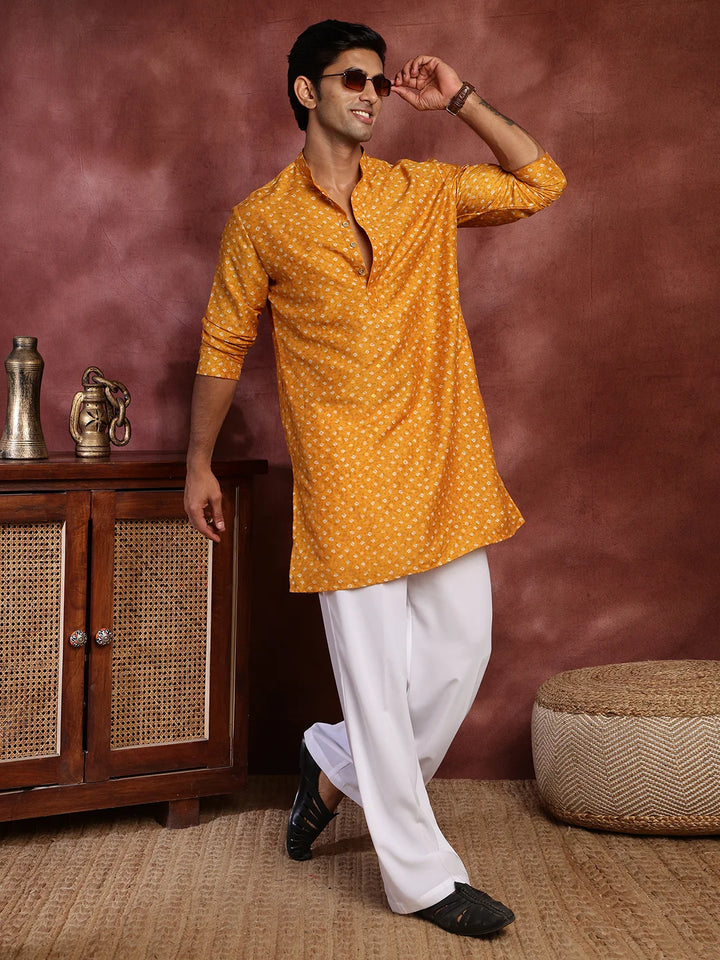 Mustard Printed Cotton Silk Straight Kurta for Men - Image 9