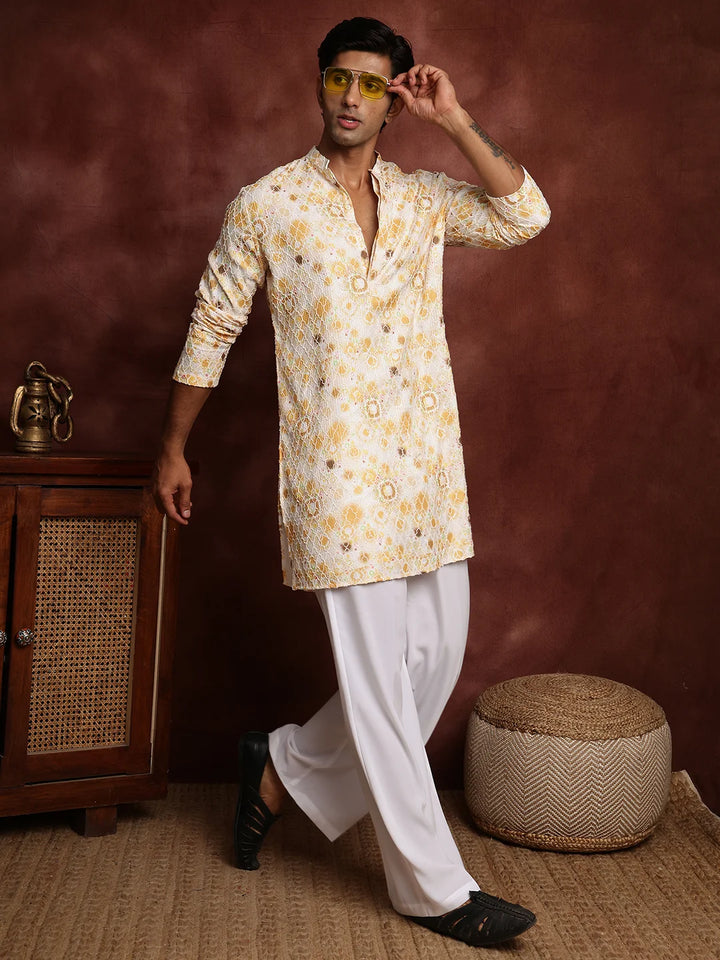 Mustard Thread Work Printed Viscose Rayon Straight Kurta for Men - Image 1