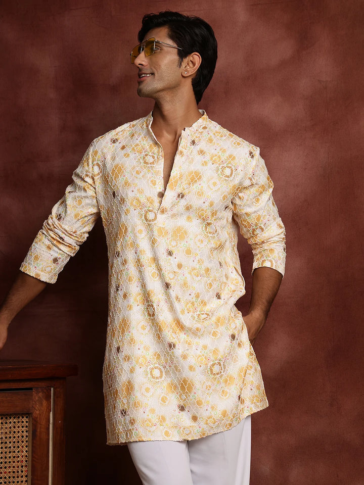 Mustard Thread Work Printed Viscose Rayon Straight Kurta for Men - Image 10