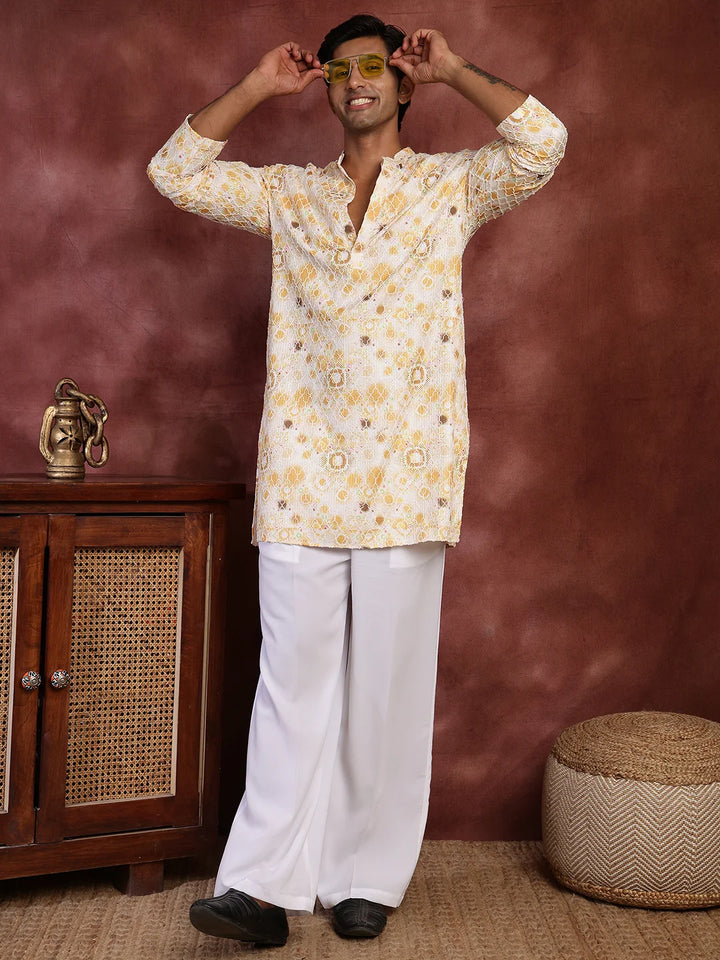 Mustard Thread Work Printed Viscose Rayon Straight Kurta for Men - Image 12