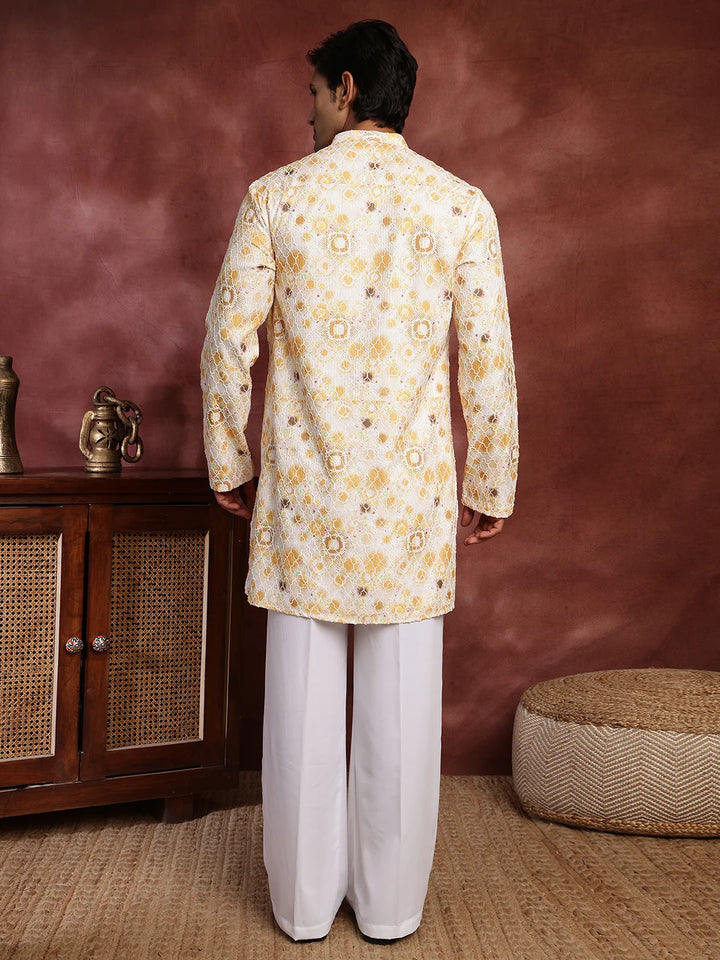 Mustard Thread Work Printed Viscose Rayon Straight Kurta for Men - Image 2