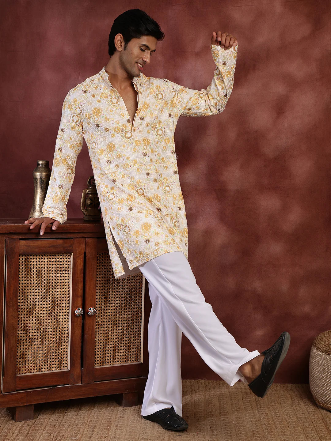 Mustard Thread Work Printed Viscose Rayon Straight Kurta for Men - Image 3