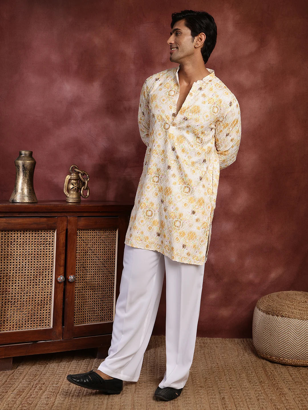 Mustard Thread Work Printed Viscose Rayon Straight Kurta for Men - Image 4