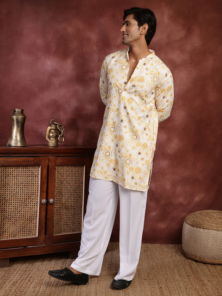 Mustard Thread Work Printed Viscose Rayon Straight Kurta for Men - Image 4
