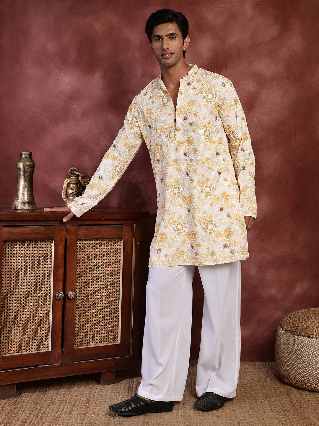 Mustard Thread Work Printed Viscose Rayon Straight Kurta for Men - Image 5
