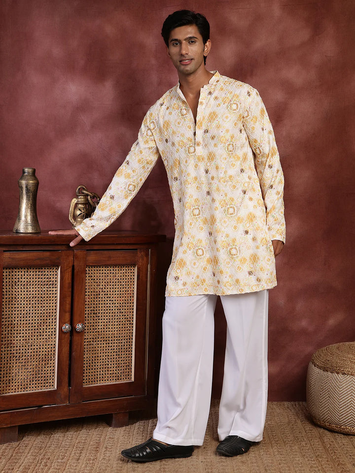 Mustard Thread Work Printed Viscose Rayon Straight Kurta for Men - Image 5