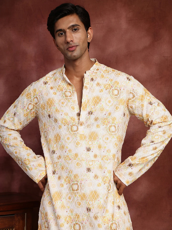 Mustard Thread Work Printed Viscose Rayon Straight Kurta for Men - Image 6