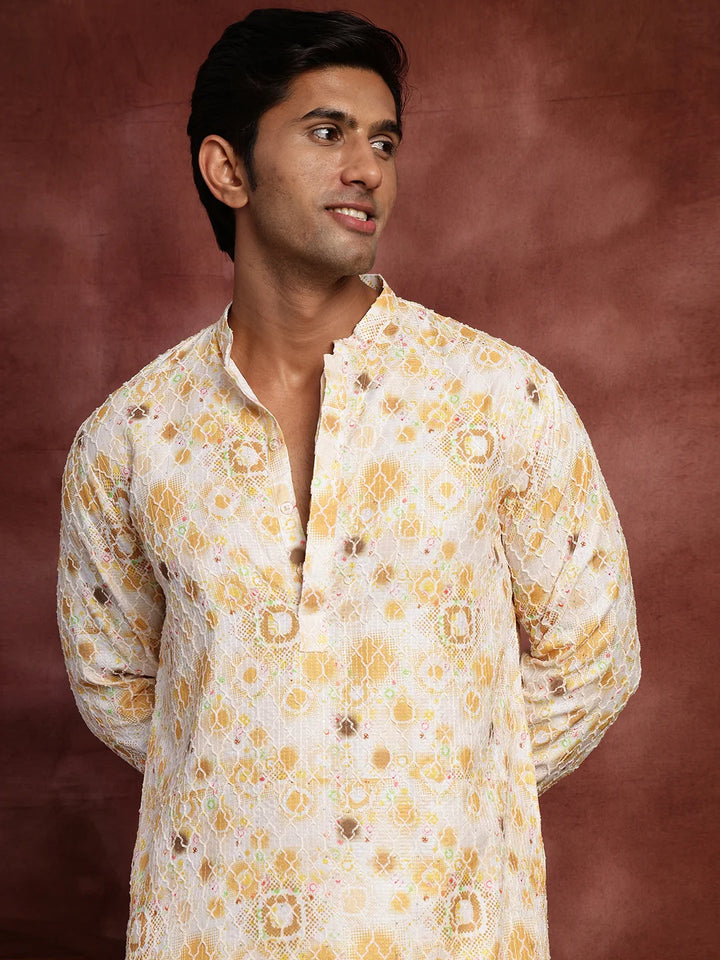 Mustard Thread Work Printed Viscose Rayon Straight Kurta for Men - Image 7