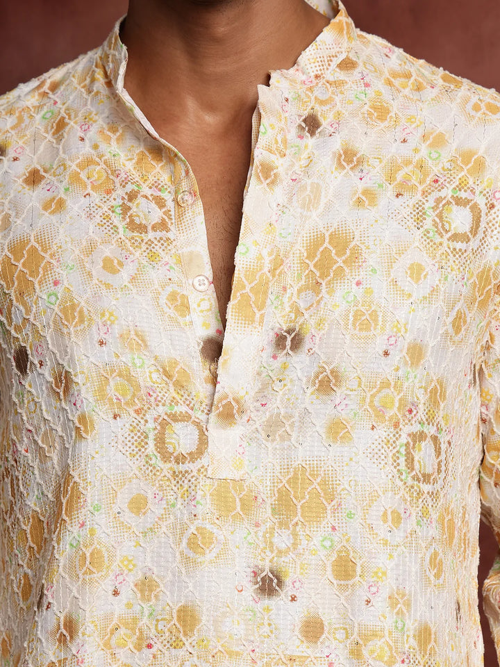 Mustard Thread Work Printed Viscose Rayon Straight Kurta for Men - Image 8