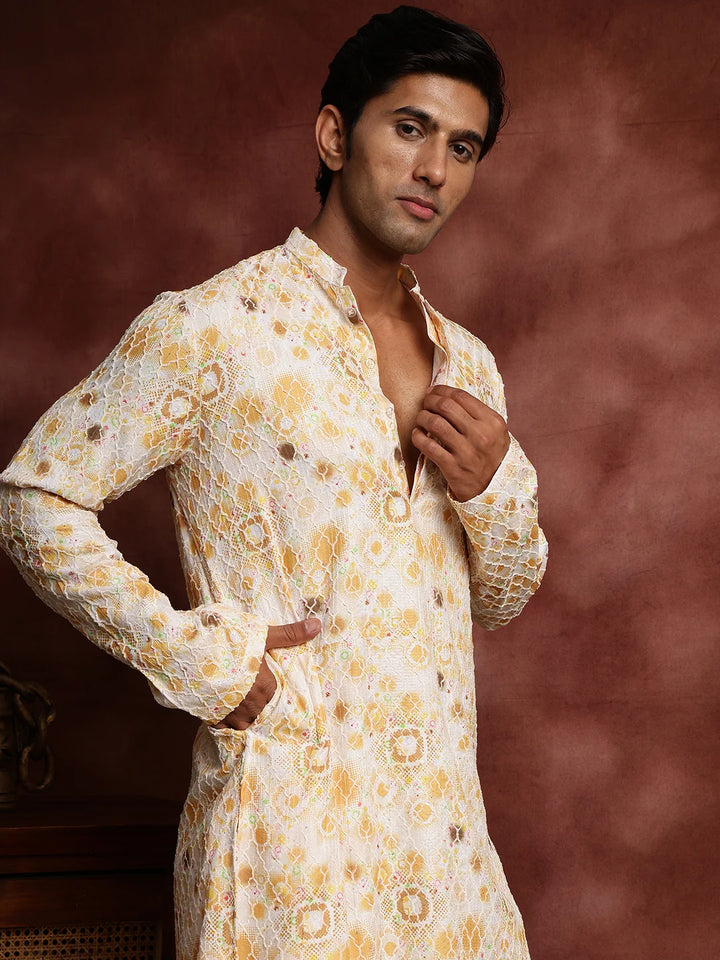 Mustard Thread Work Printed Viscose Rayon Straight Kurta for Men - Image 9