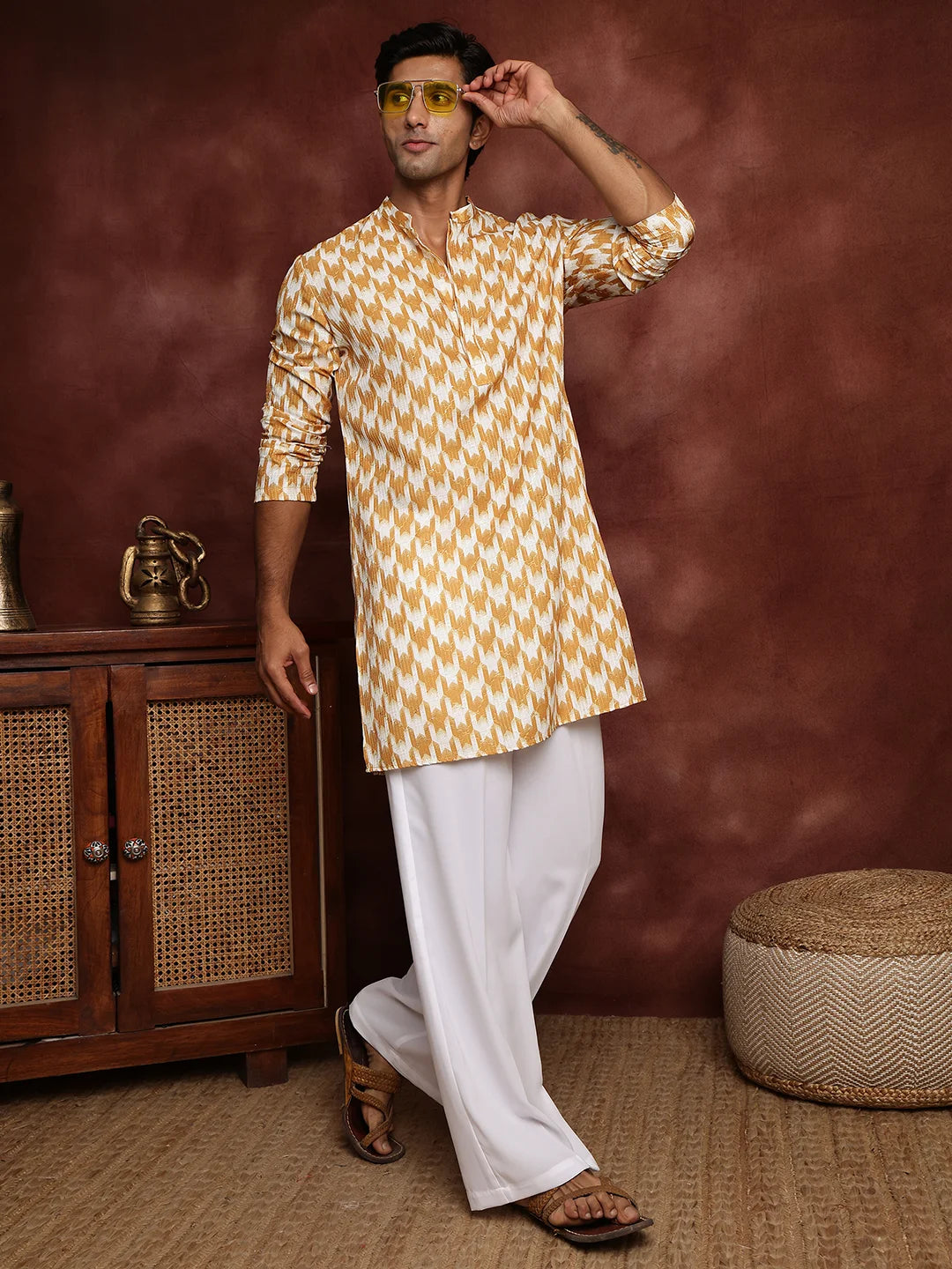 Mustard Thread Work Printed Cotton Silk Straight Kurta for Men - Image 1