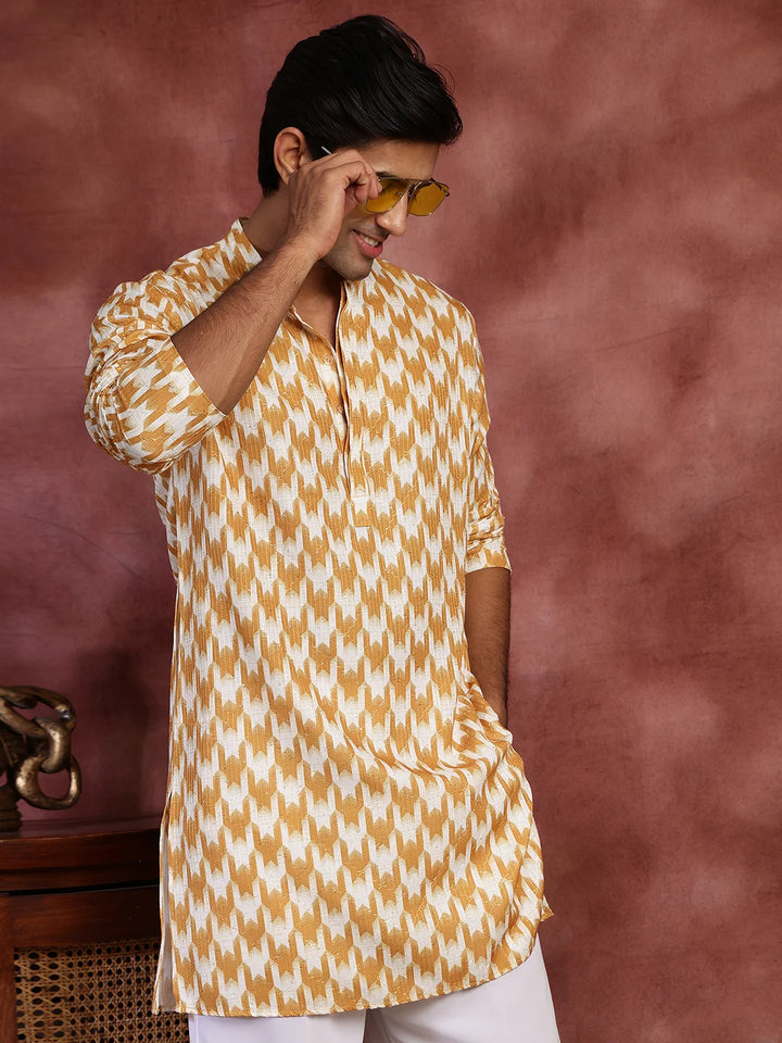 Mustard Thread Work Printed Cotton Silk Straight Kurta for Men - Image 10