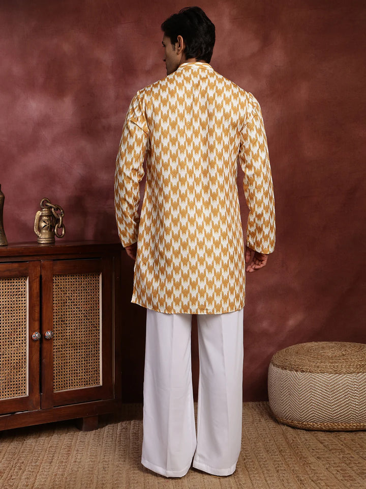 Mustard Thread Work Printed Cotton Silk Straight Kurta for Men - Image 11