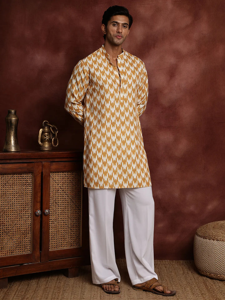 Mustard Thread Work Printed Cotton Silk Straight Kurta for Men - Image 2