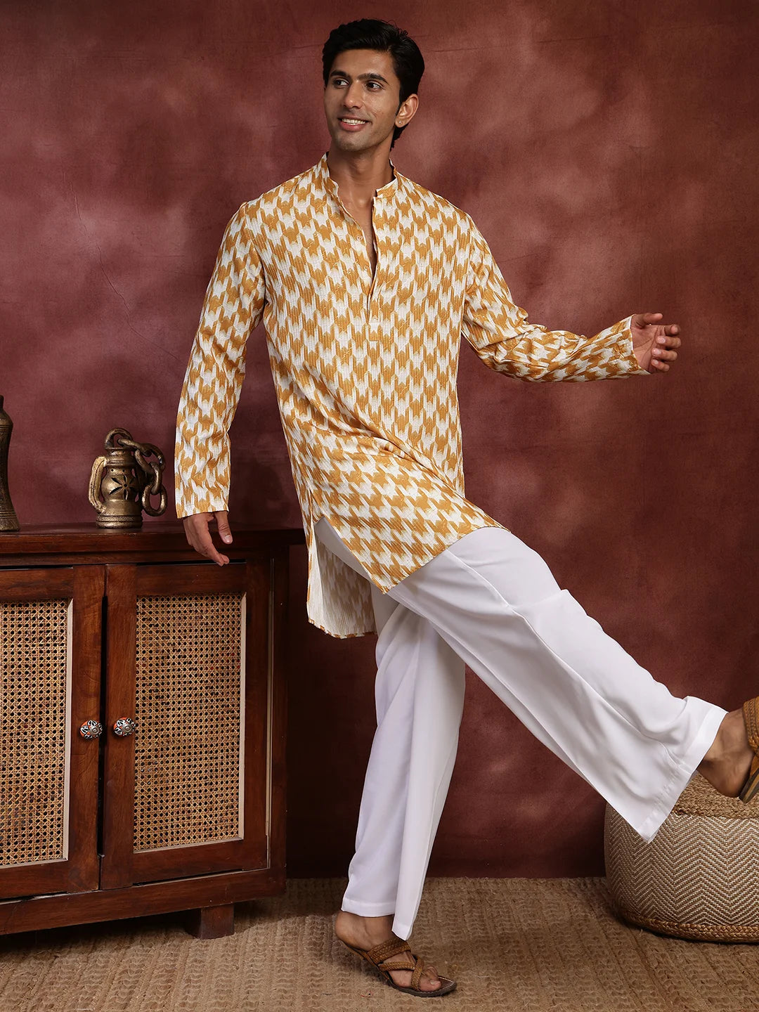Mustard Thread Work Printed Cotton Silk Straight Kurta for Men - Image 3