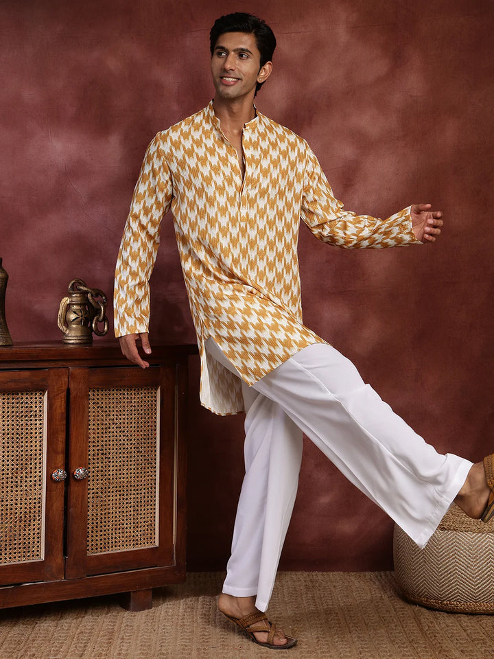 Mustard Thread Work Printed Cotton Silk Straight Kurta for Men - Image 3