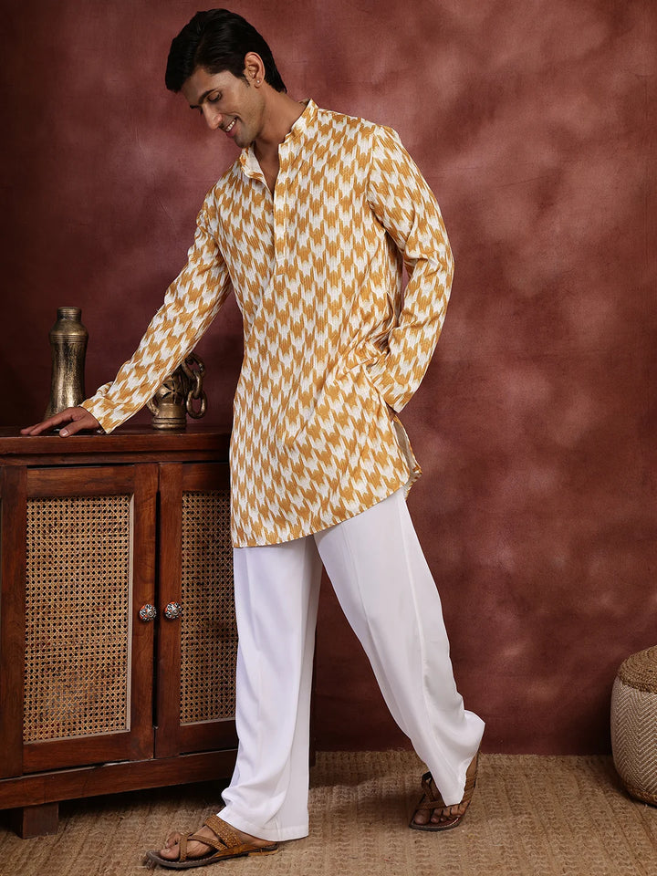 Mustard Thread Work Printed Cotton Silk Straight Kurta for Men - Image 4