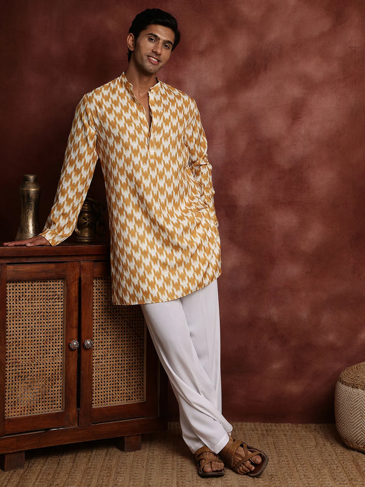 Mustard Thread Work Printed Cotton Silk Straight Kurta for Men - Image 5