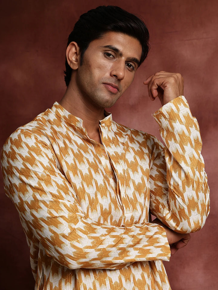 Mustard Thread Work Printed Cotton Silk Straight Kurta for Men - Image 6