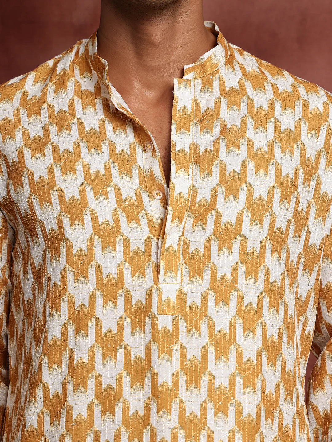Mustard Thread Work Printed Cotton Silk Straight Kurta for Men - Image 7