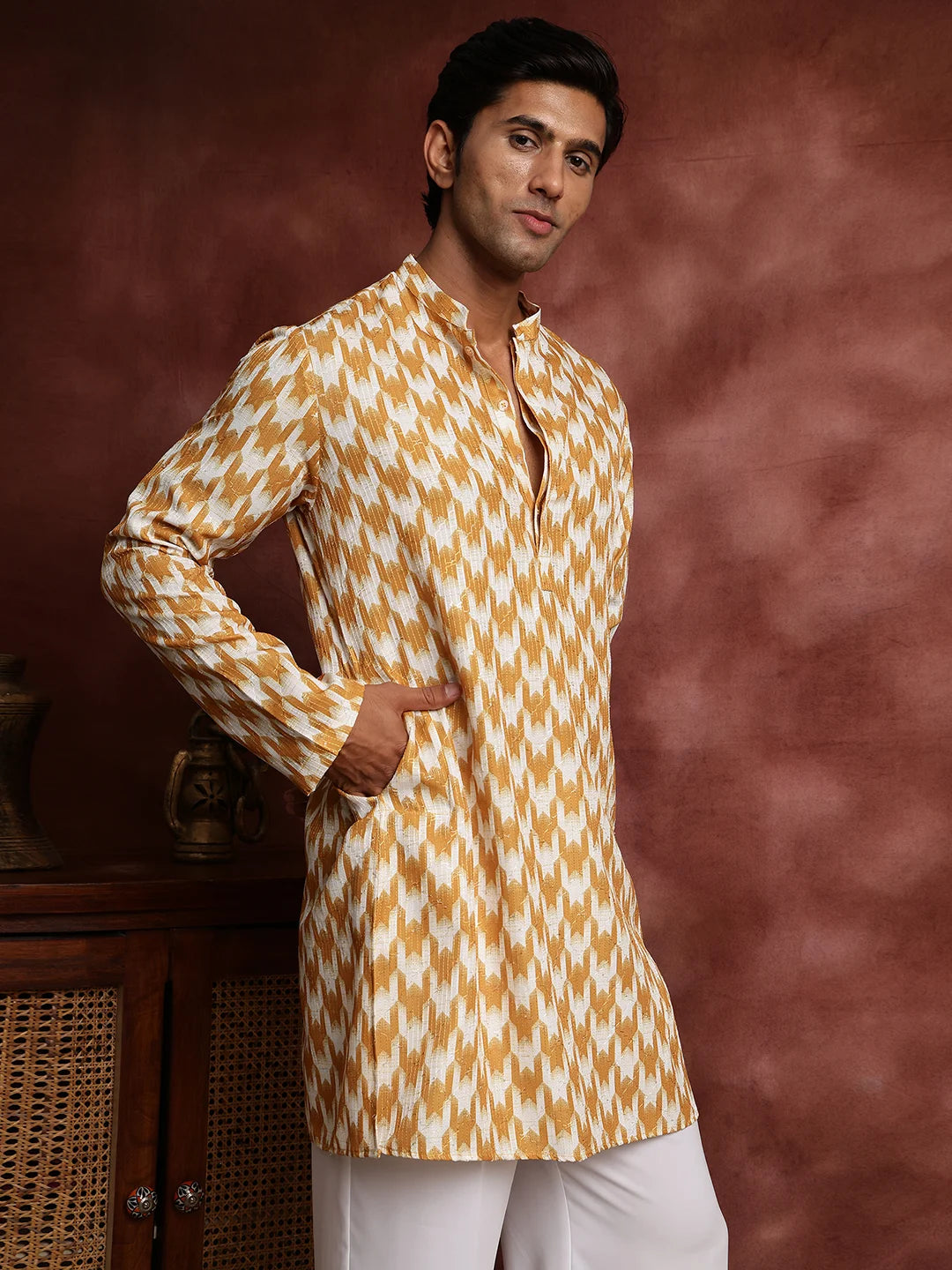 Mustard Thread Work Printed Cotton Silk Straight Kurta for Men - Image 8