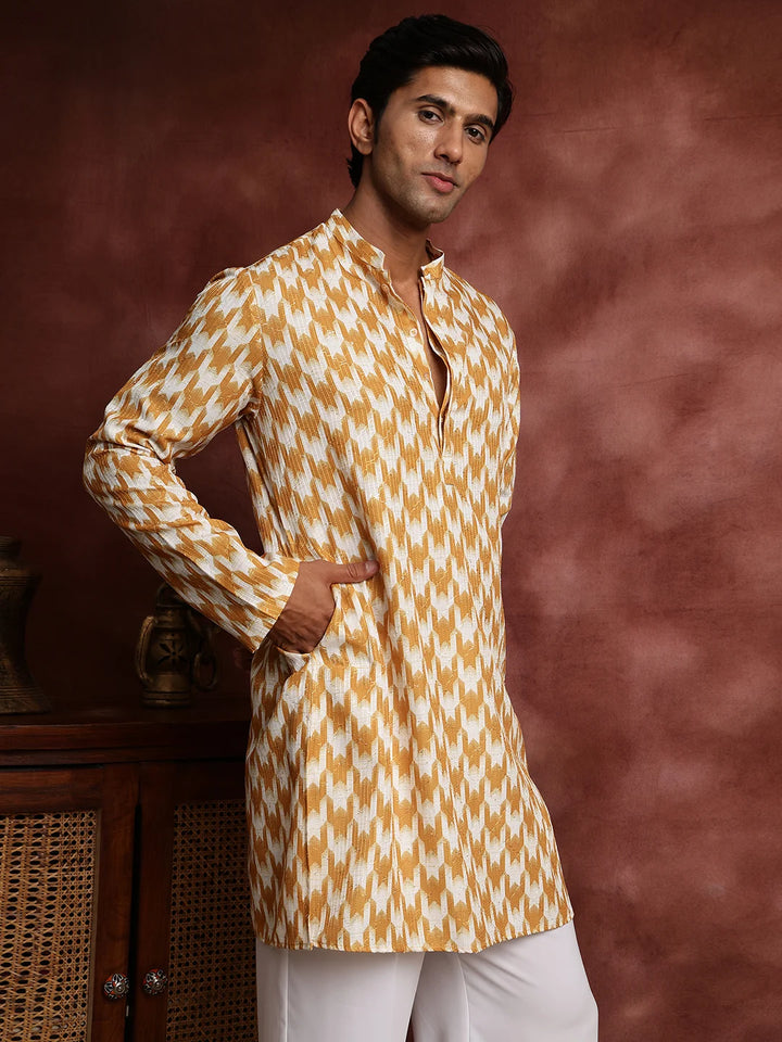 Mustard Thread Work Printed Cotton Silk Straight Kurta for Men - Image 8