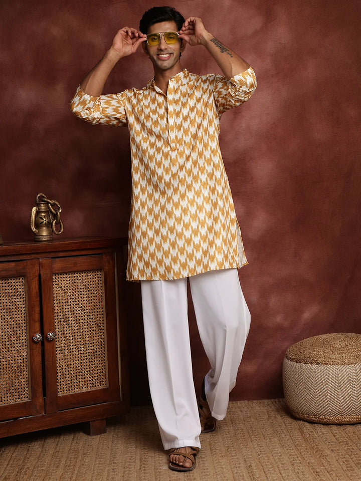 Mustard Thread Work Printed Cotton Silk Straight Kurta for Men - Image 9