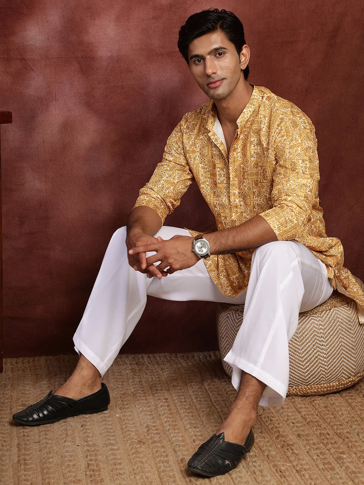 Mustard Thread Work Printed Cotton Silk Straight Kurta for Men - Image 1