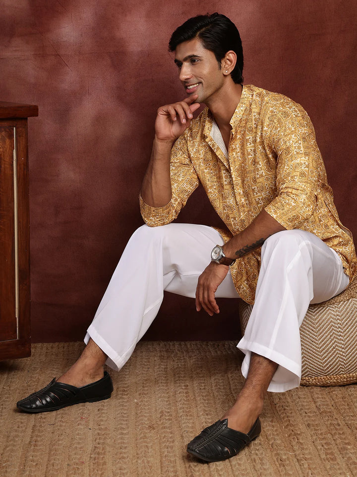 Mustard Thread Work Printed Cotton Silk Straight Kurta for Men - Image 10