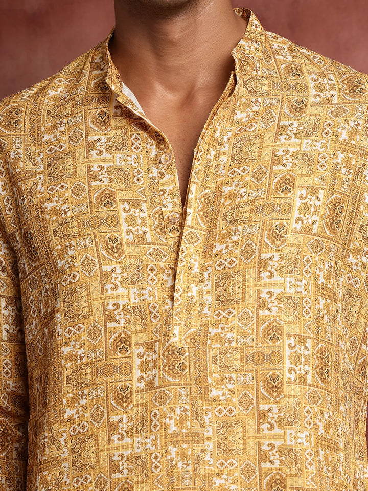 Mustard Thread Work Printed Cotton Silk Straight Kurta for Men - Image 11