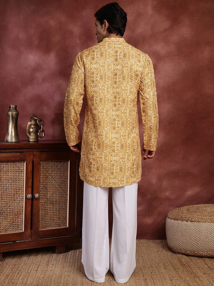 Mustard Thread Work Printed Cotton Silk Straight Kurta for Men - Image 2