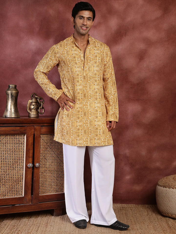 Mustard Thread Work Printed Cotton Silk Straight Kurta for Men - Image 3