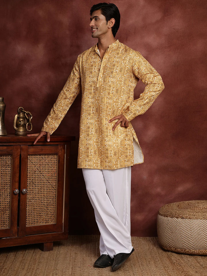 Mustard Thread Work Printed Cotton Silk Straight Kurta for Men - Image 4
