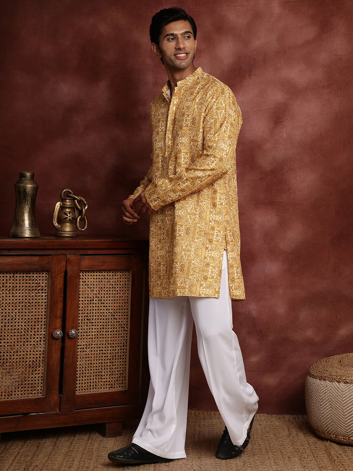 Mustard Thread Work Printed Cotton Silk Straight Kurta for Men - Image 5