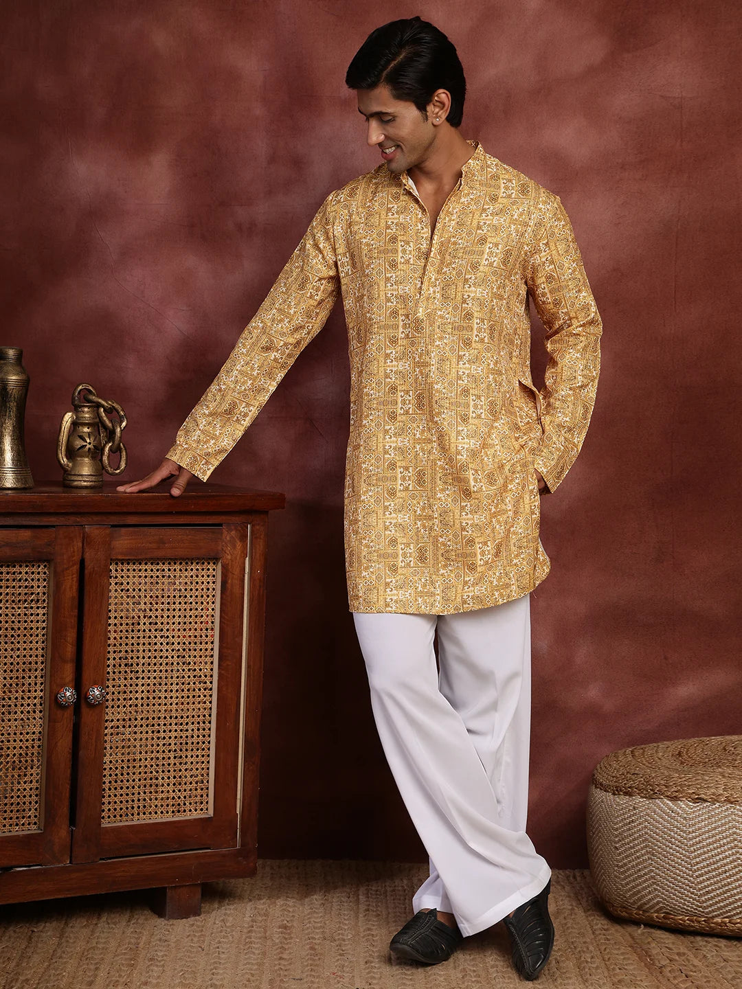 Mustard Thread Work Printed Cotton Silk Straight Kurta for Men - Image 6