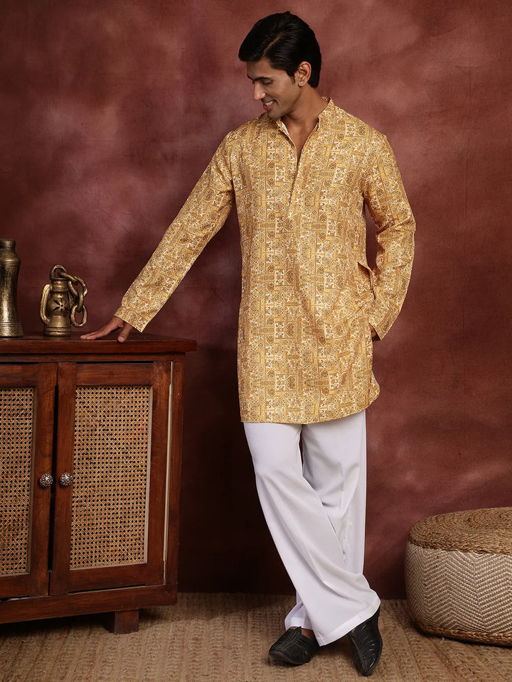 Mustard Thread Work Printed Cotton Silk Straight Kurta for Men - Image 6