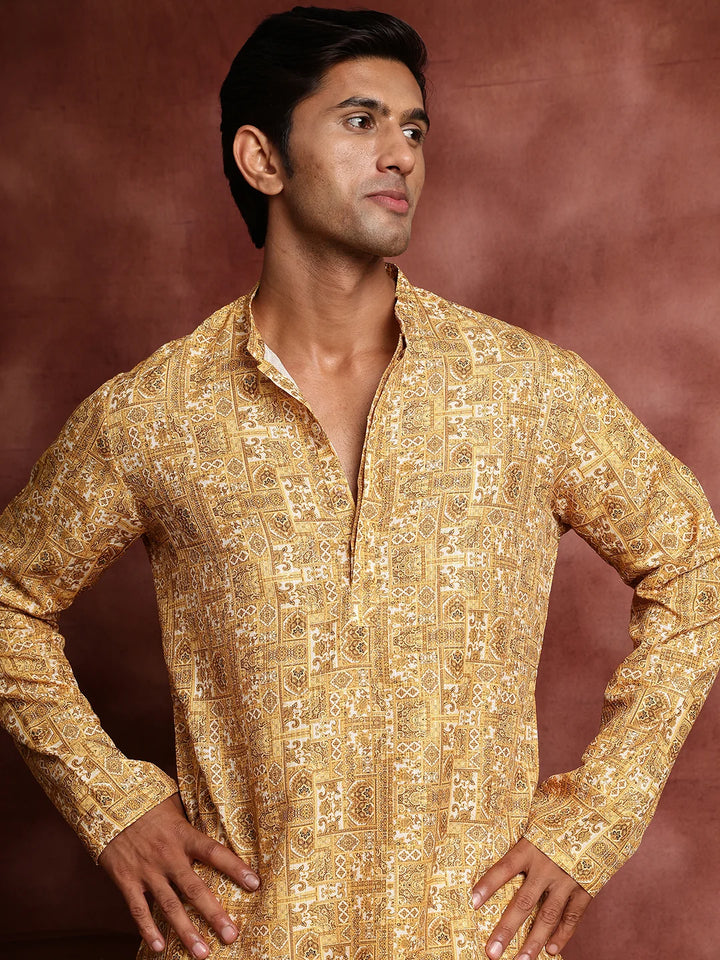 Mustard Thread Work Printed Cotton Silk Straight Kurta for Men - Image 7