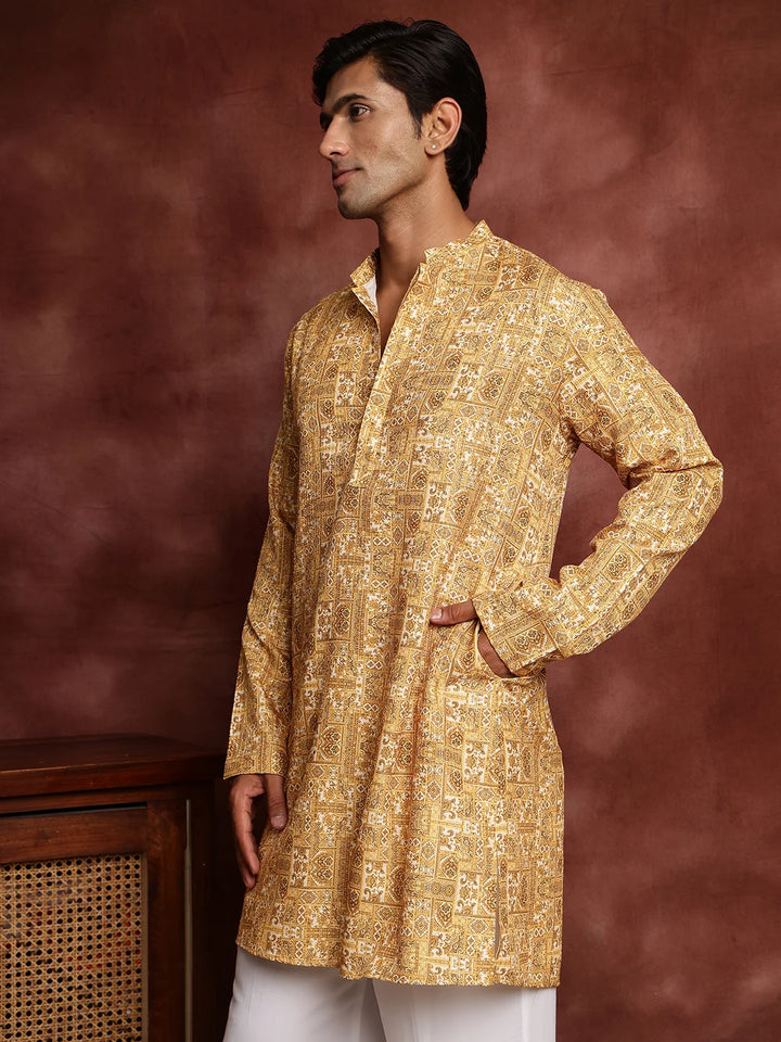 Mustard Thread Work Printed Cotton Silk Straight Kurta for Men - Image 8