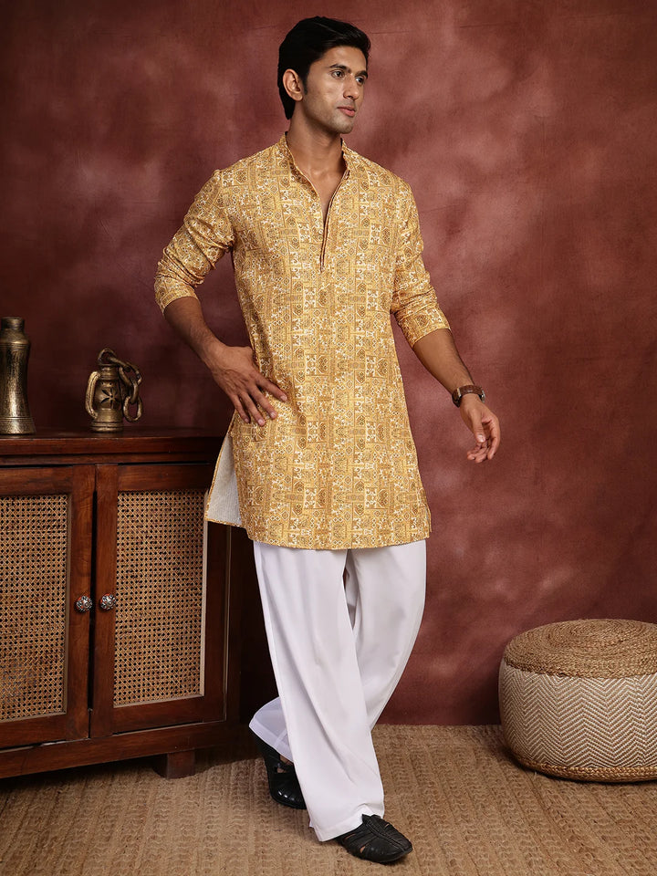 Mustard Thread Work Printed Cotton Silk Straight Kurta for Men - Image 9