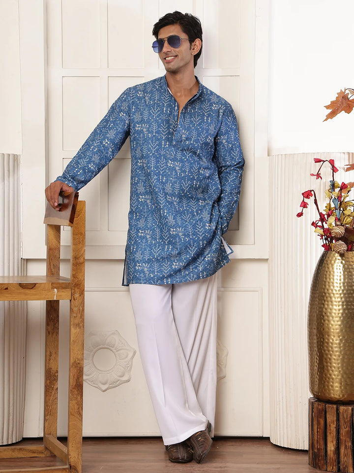 Blue Sequins Embroidered Viscose Rayon Straight Kurta for Men - Image 1