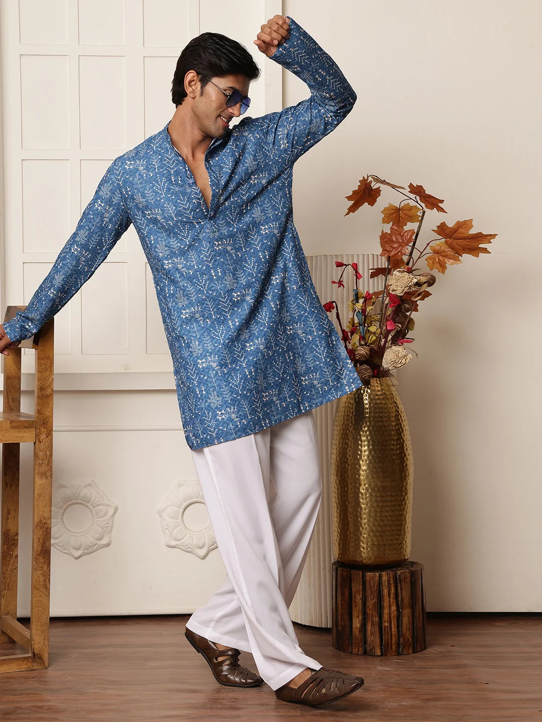 Blue Sequins Embroidered Viscose Rayon Straight Kurta for Men - Image 10