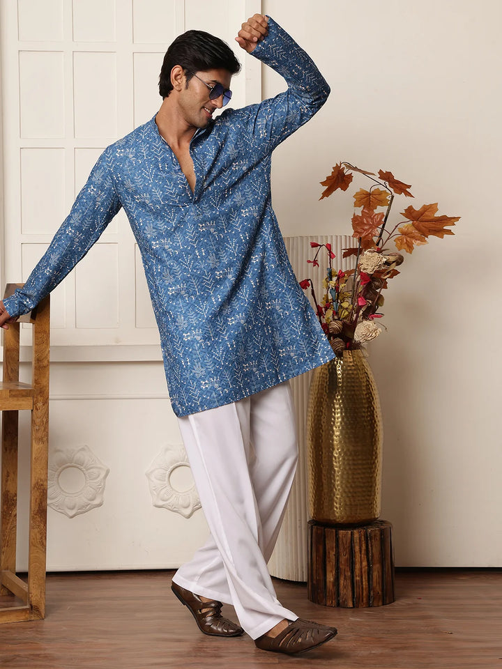 Blue Sequins Embroidered Viscose Rayon Straight Kurta for Men - Image 10