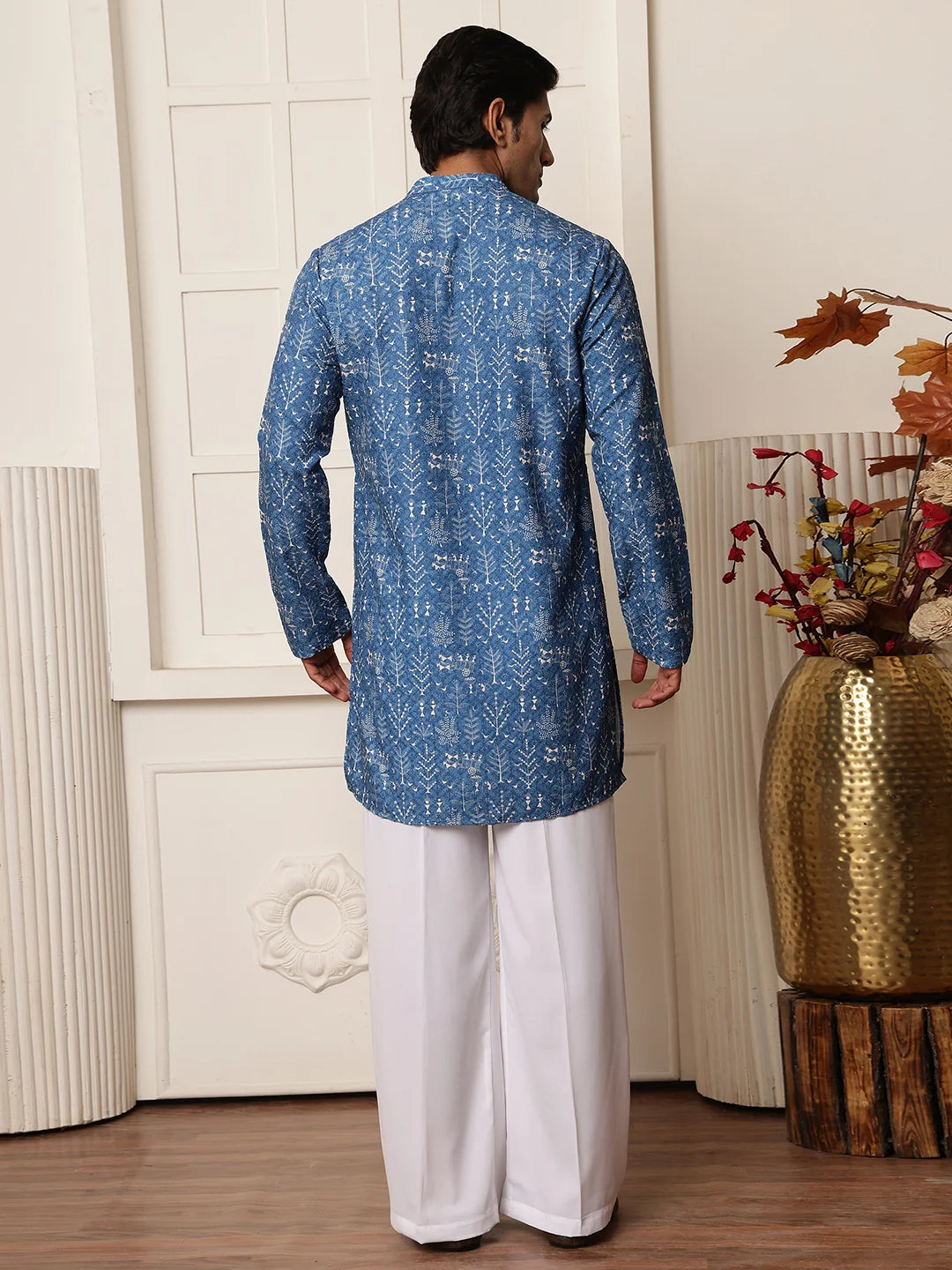 Blue Sequins Embroidered Viscose Rayon Straight Kurta for Men - Image 12