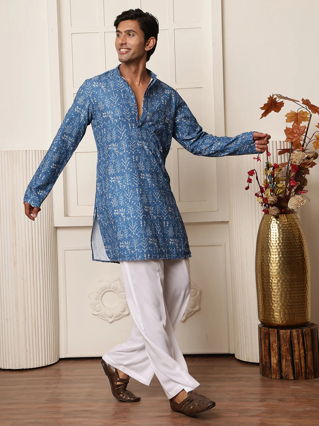 Blue Sequins Embroidered Viscose Rayon Straight Kurta for Men - Image 2
