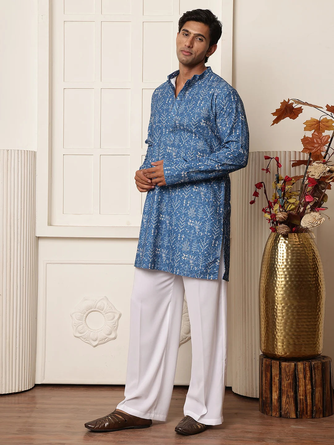 Blue Sequins Embroidered Viscose Rayon Straight Kurta for Men - Image 3