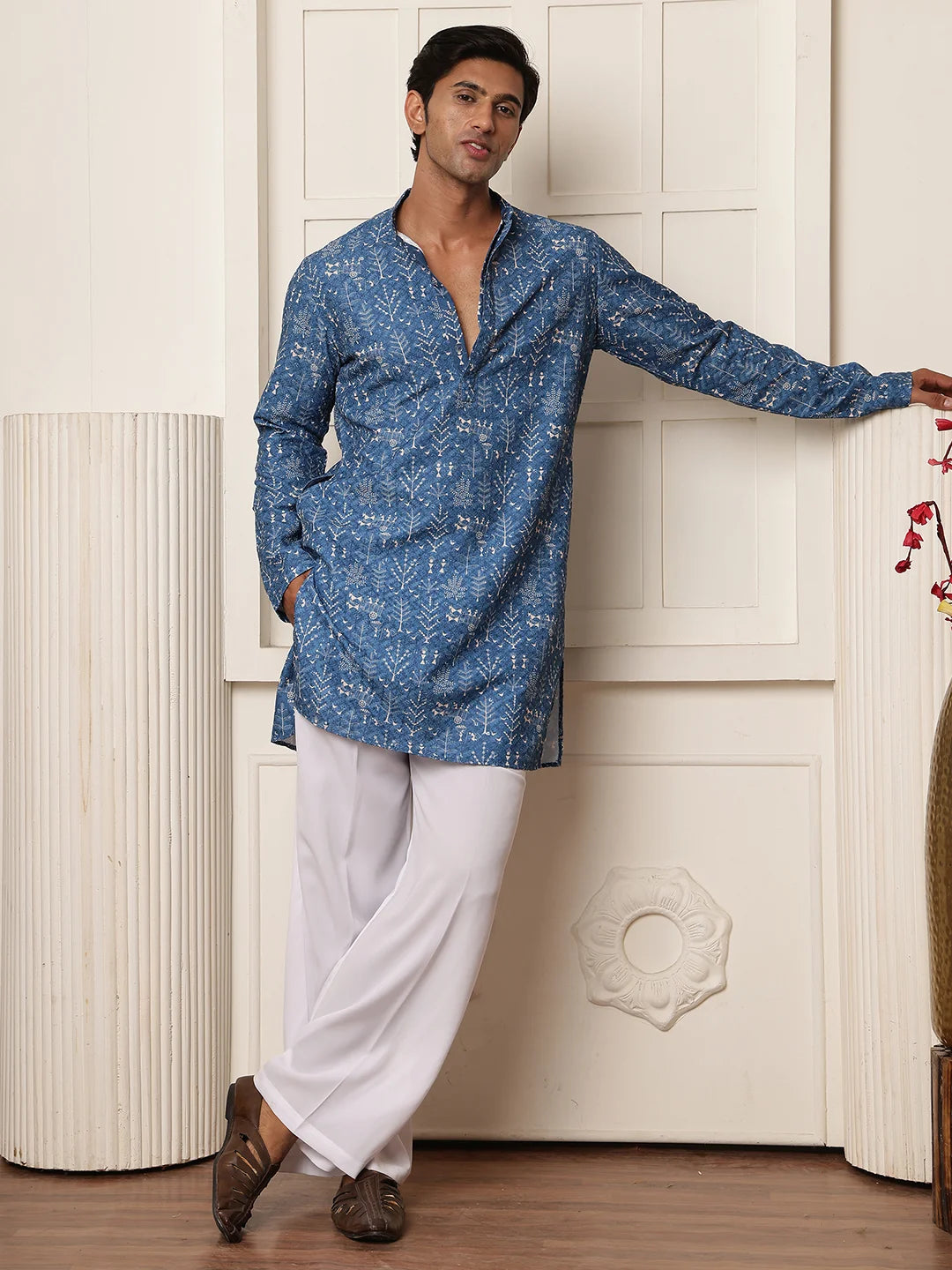 Blue Sequins Embroidered Viscose Rayon Straight Kurta for Men - Image 4