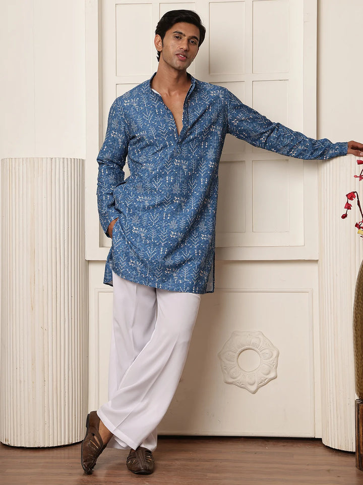 Blue Sequins Embroidered Viscose Rayon Straight Kurta for Men - Image 4