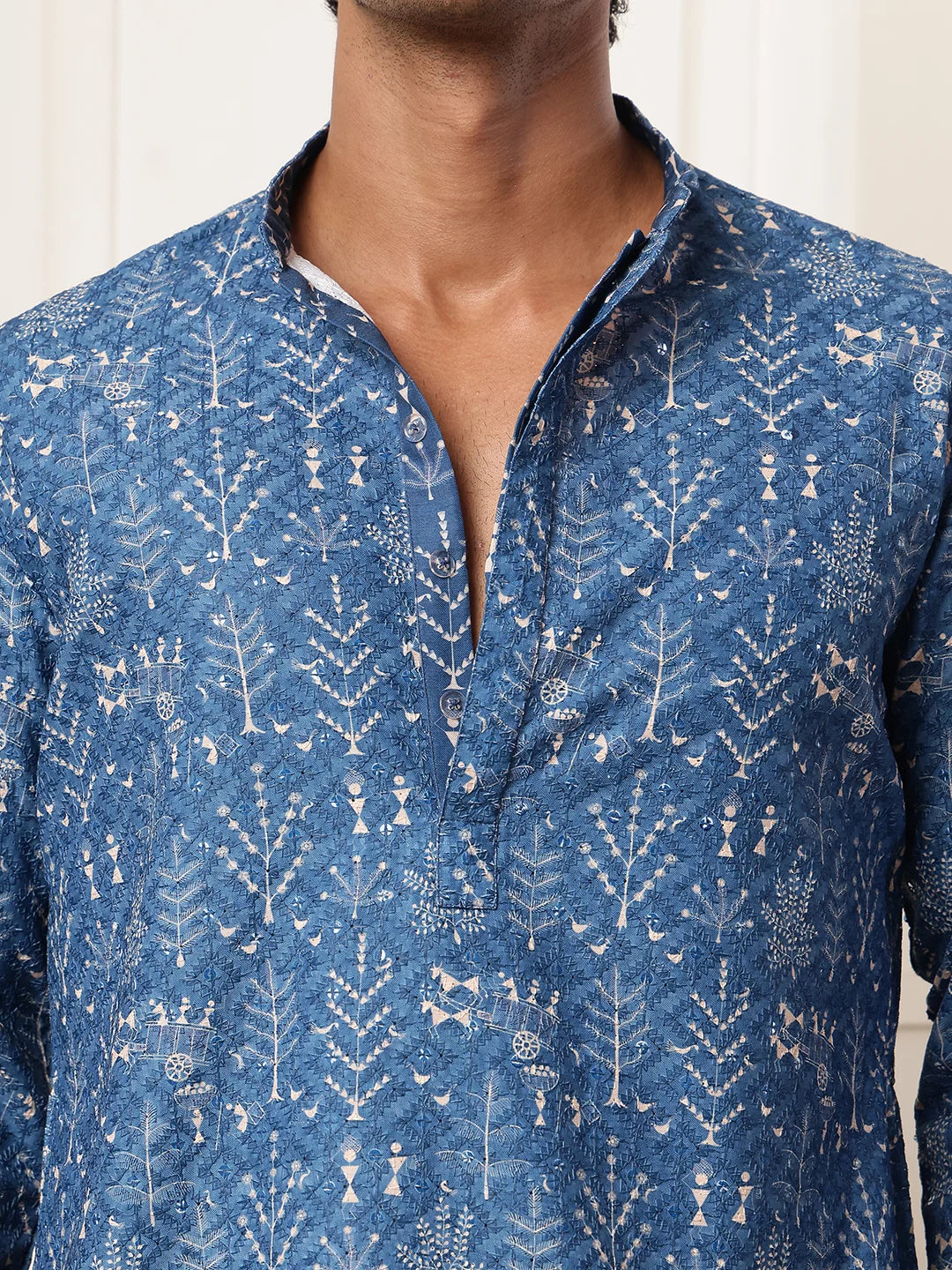 Blue Sequins Embroidered Viscose Rayon Straight Kurta for Men - Image 5
