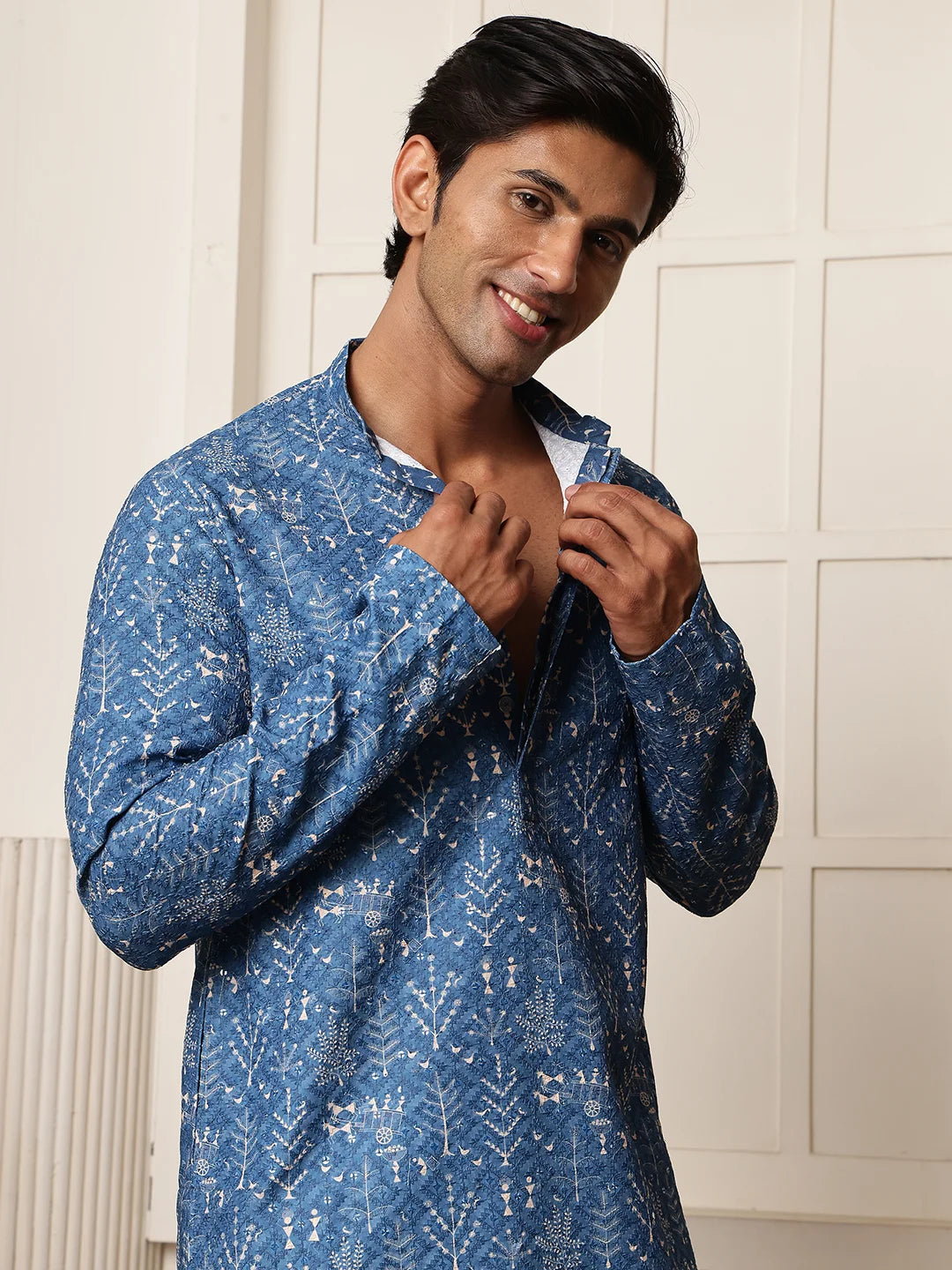 Blue Sequins Embroidered Viscose Rayon Straight Kurta for Men - Image 6